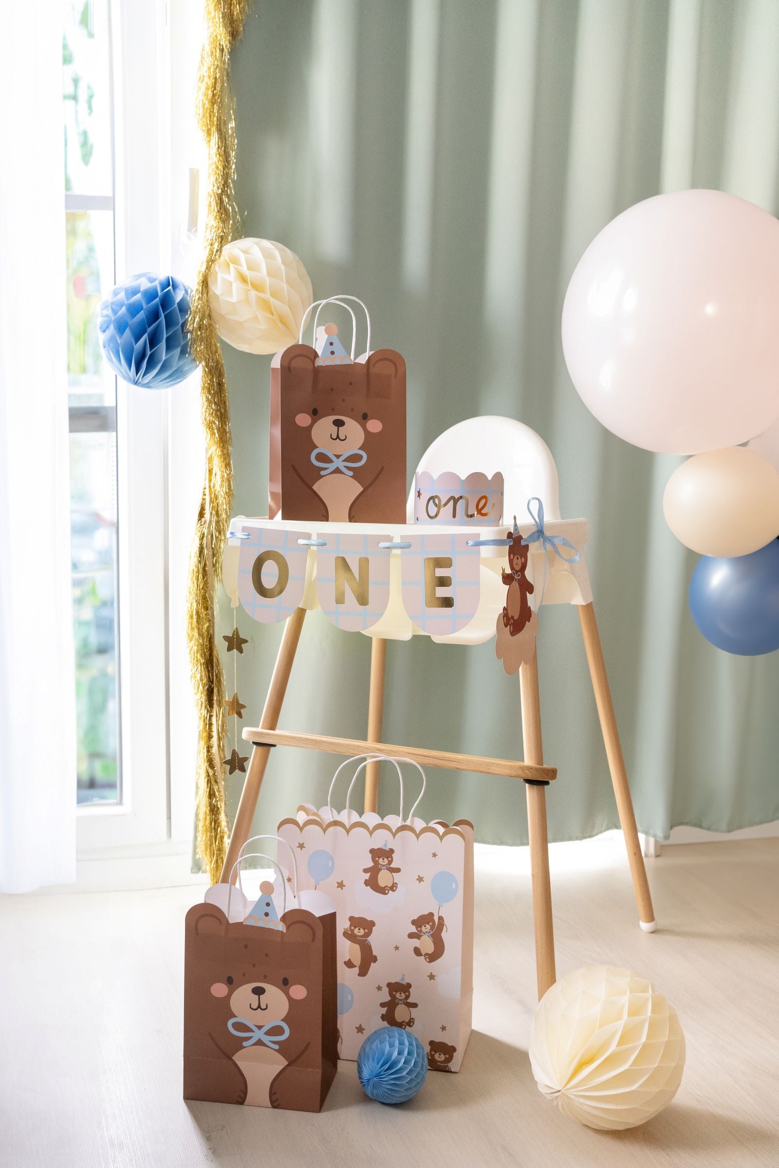 Teddy Bear Chair Banner and Crown first birthday decorations