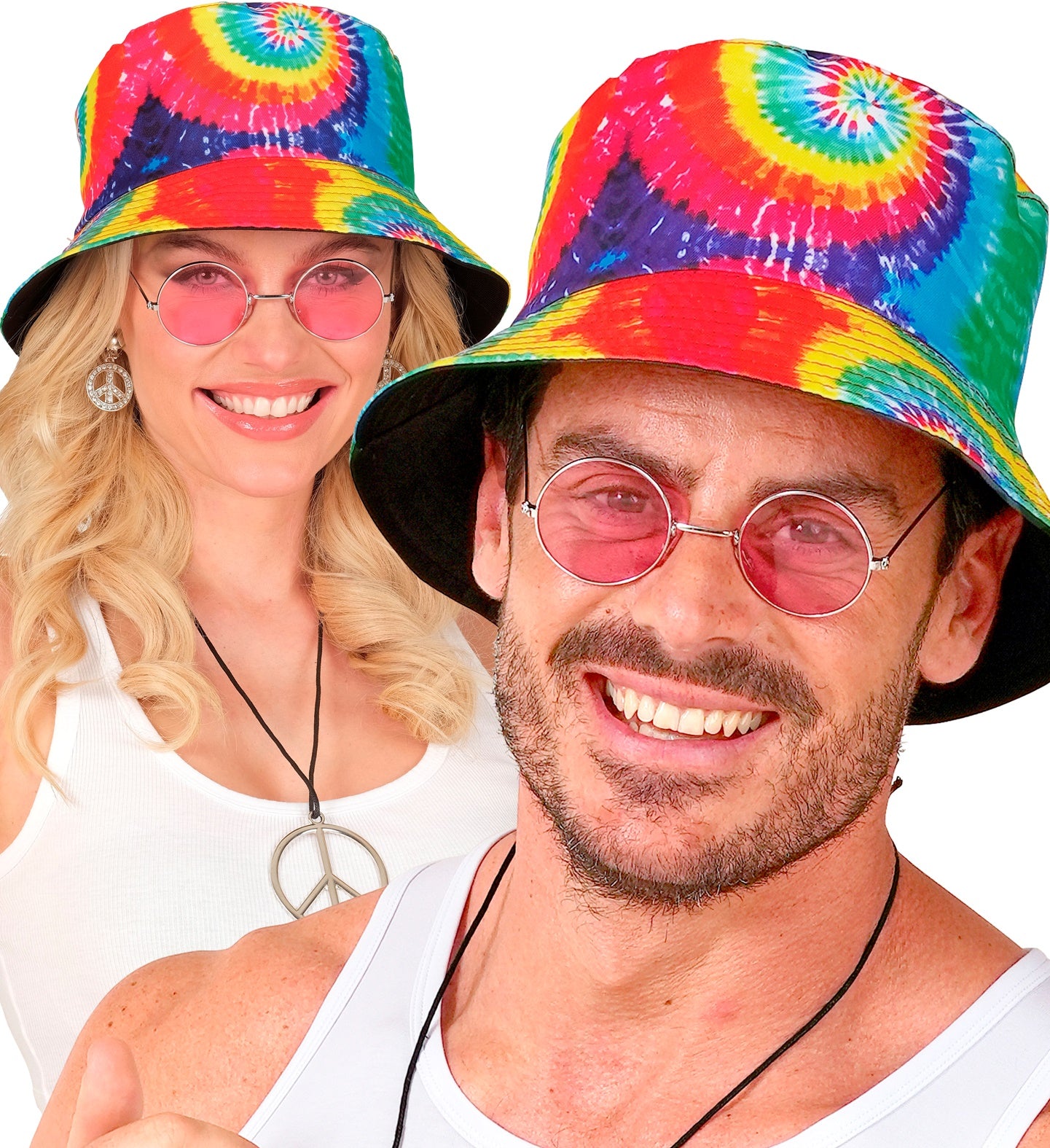 Close-up of a couple in psychedelic tie-dye bucket hats, showcasing the high-impact color swirl and retro 60s style.
