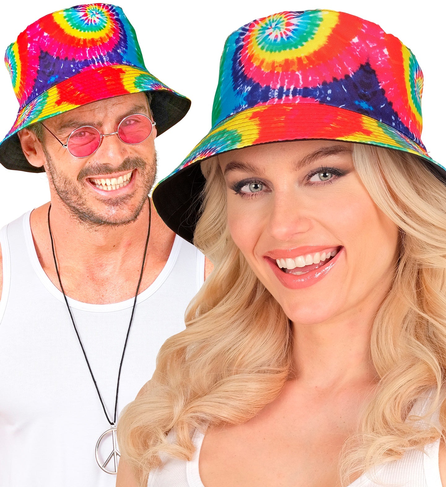 A man and woman smiling while wearing vibrant rainbow tie-dye bucket hats, styled with pink hippie sunglasses and peace sign necklaces.