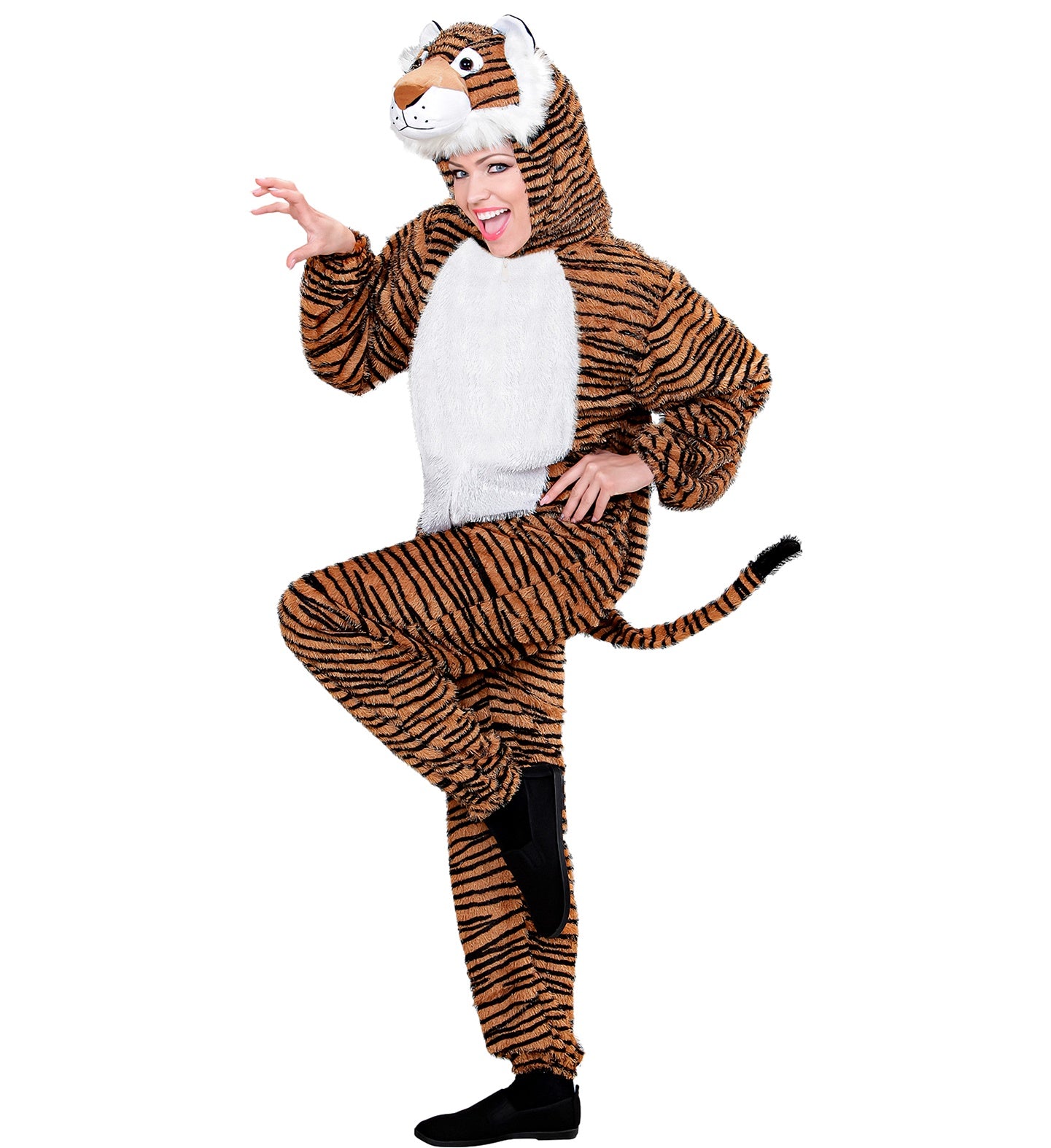 A woman in a tiger jumpsuit costume posing playfully with a tiger mask hood.