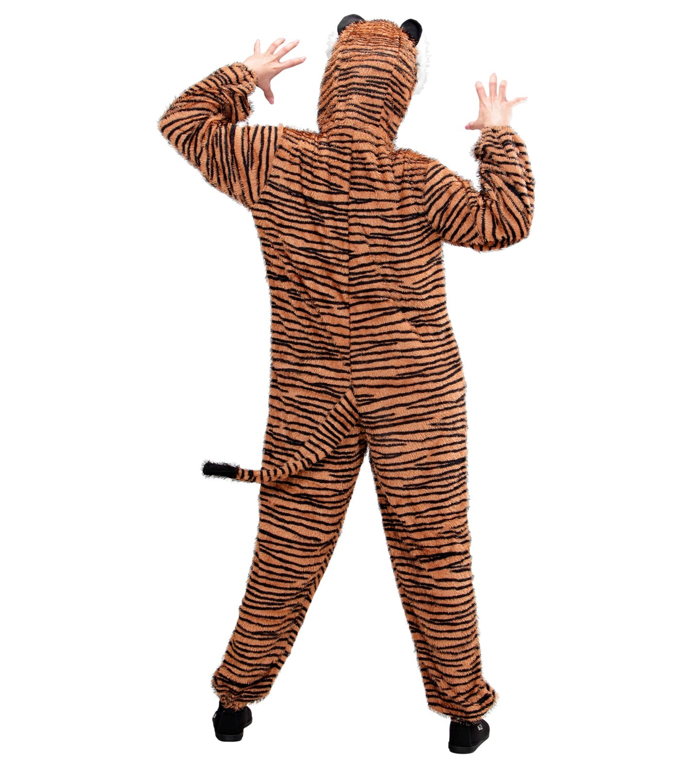 Rear view of an adult tiger costume showing the long striped tail and hooded design.