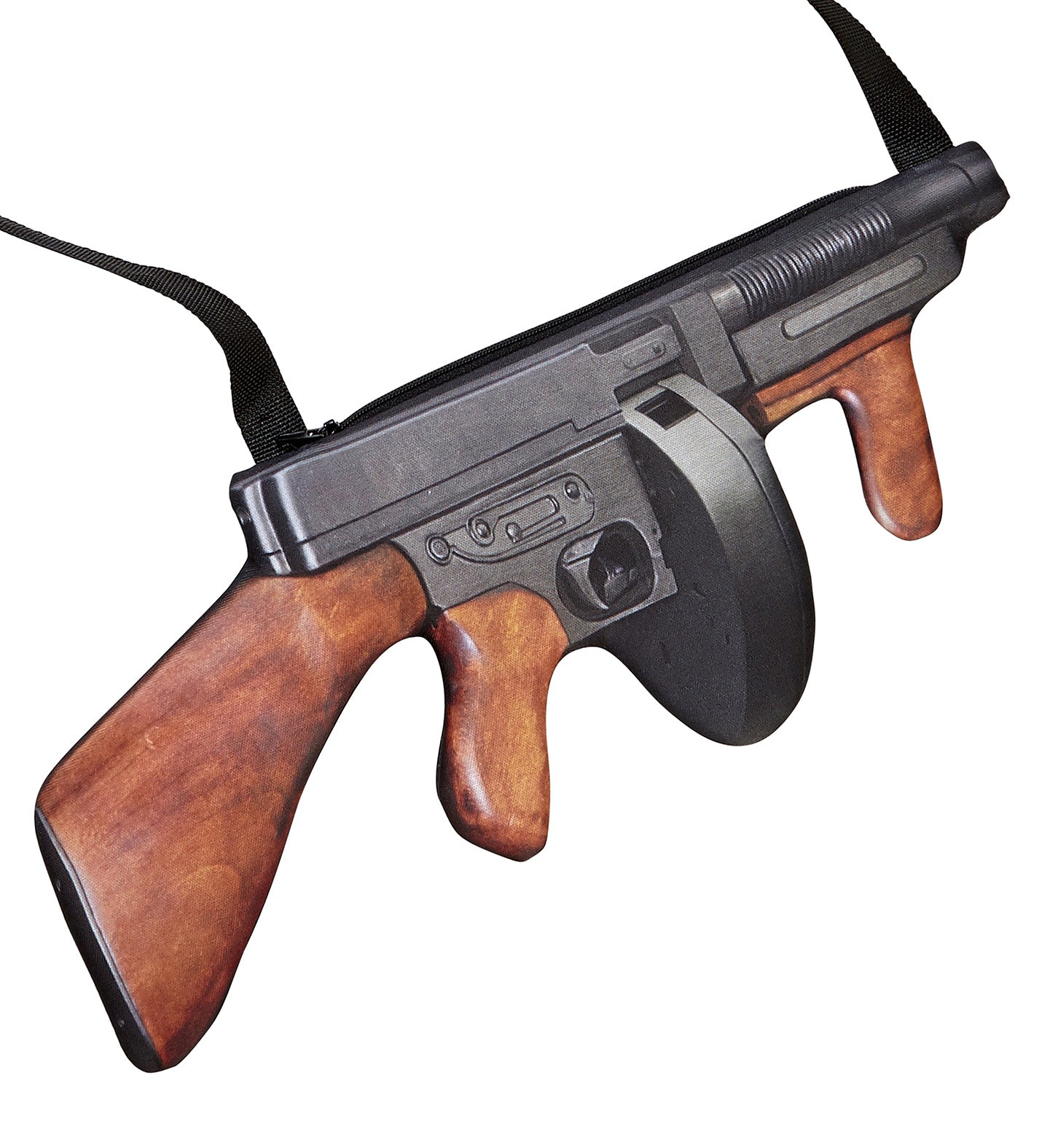 A novelty handbag shaped like a Tommy Gun, with a black shoulder strap draped over it, isolated on a white background.