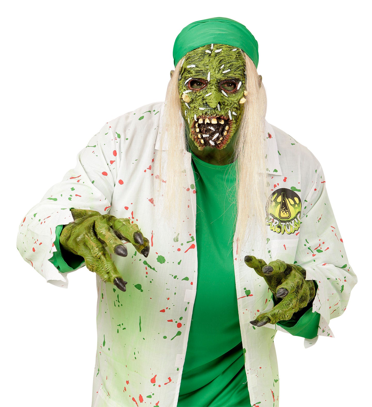 A person in a costume wearing a green, gruesome-looking zombie overhead mask with long white hair, a white lab coat splattered with red and green paint, and green monster-like hands.