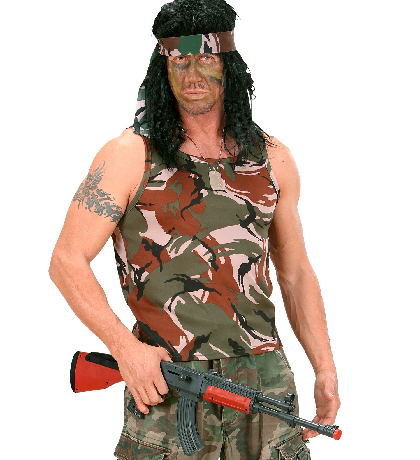 A man in camo face paint and a bandana holding a toy Kalashnikov rifle, showcasing the red handguard and black magazine.