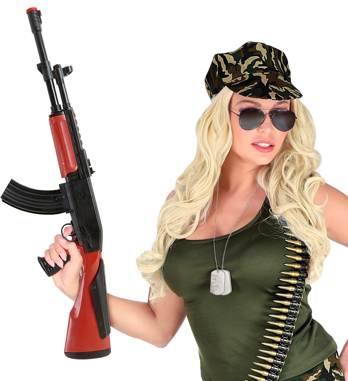 A woman in a military vest and sunglasses holding a 75cm toy Kalashnikov rifle with a red-brown stock and black barrel.