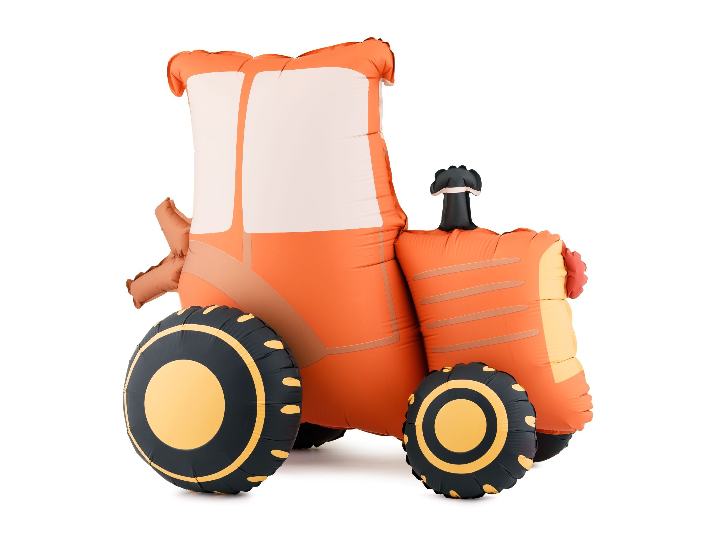 A large, air-filled standing foil balloon shaped like an orange farm tractor with black tires, shown standing upright against a plain white background.