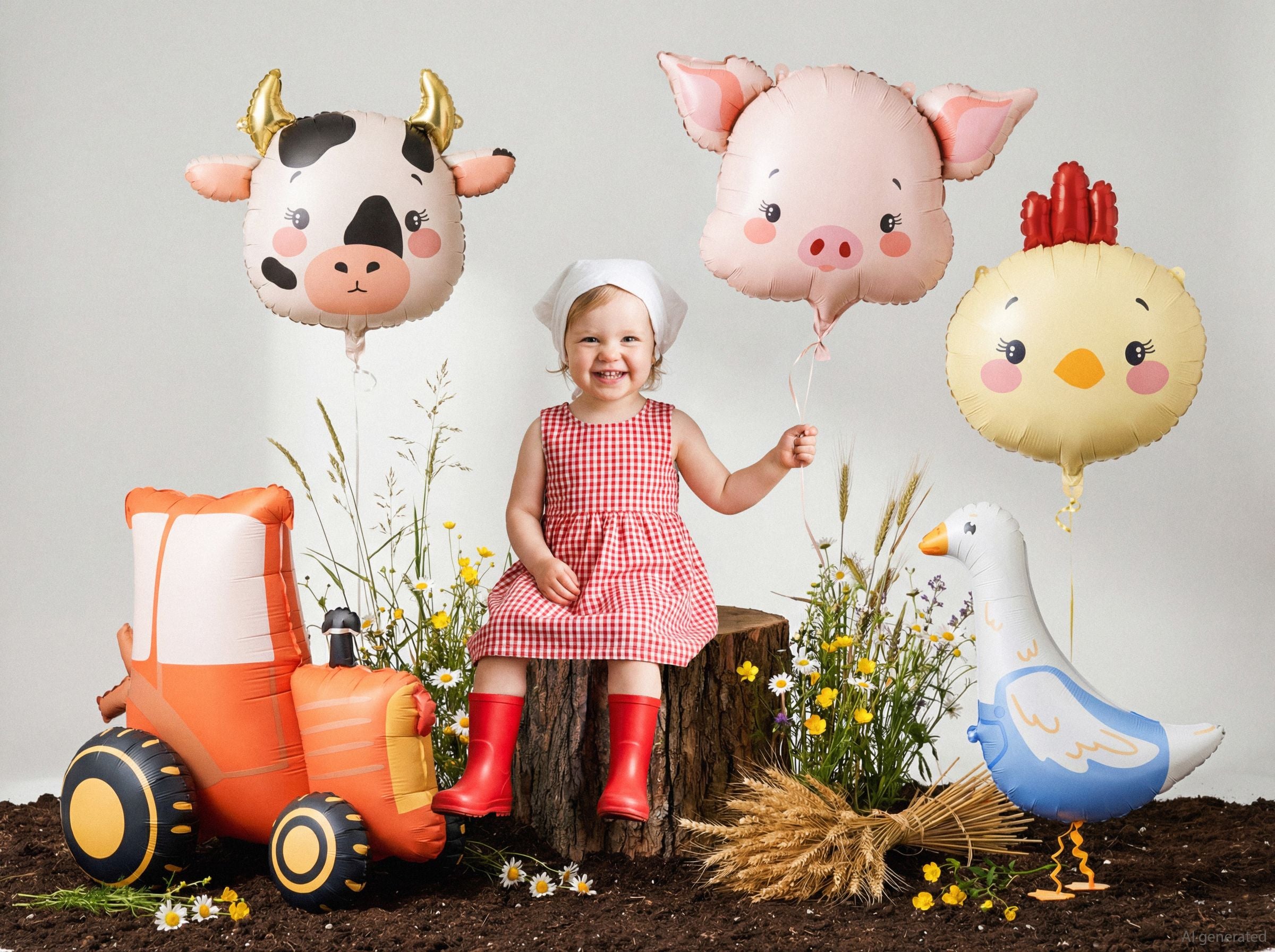A smiling person in a red gingham dress and red boots sitting on a log, surrounded by wildflowers and farm foil balloons including a pig, cow, chick, goose, and a standing orange tractor.