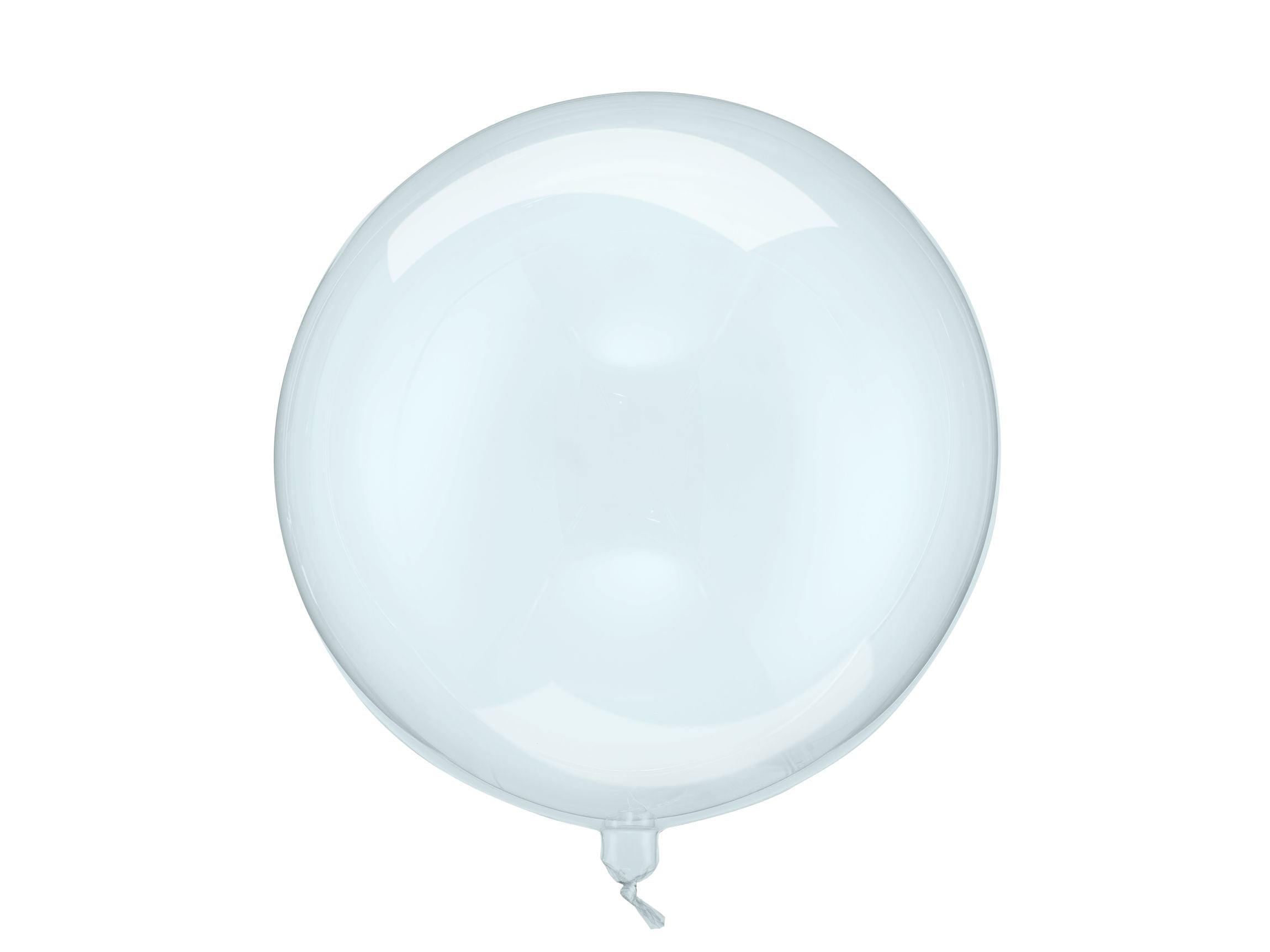 A single, perfectly round, transparent light blue sphere balloon with a subtle sheen, isolated on a white background.