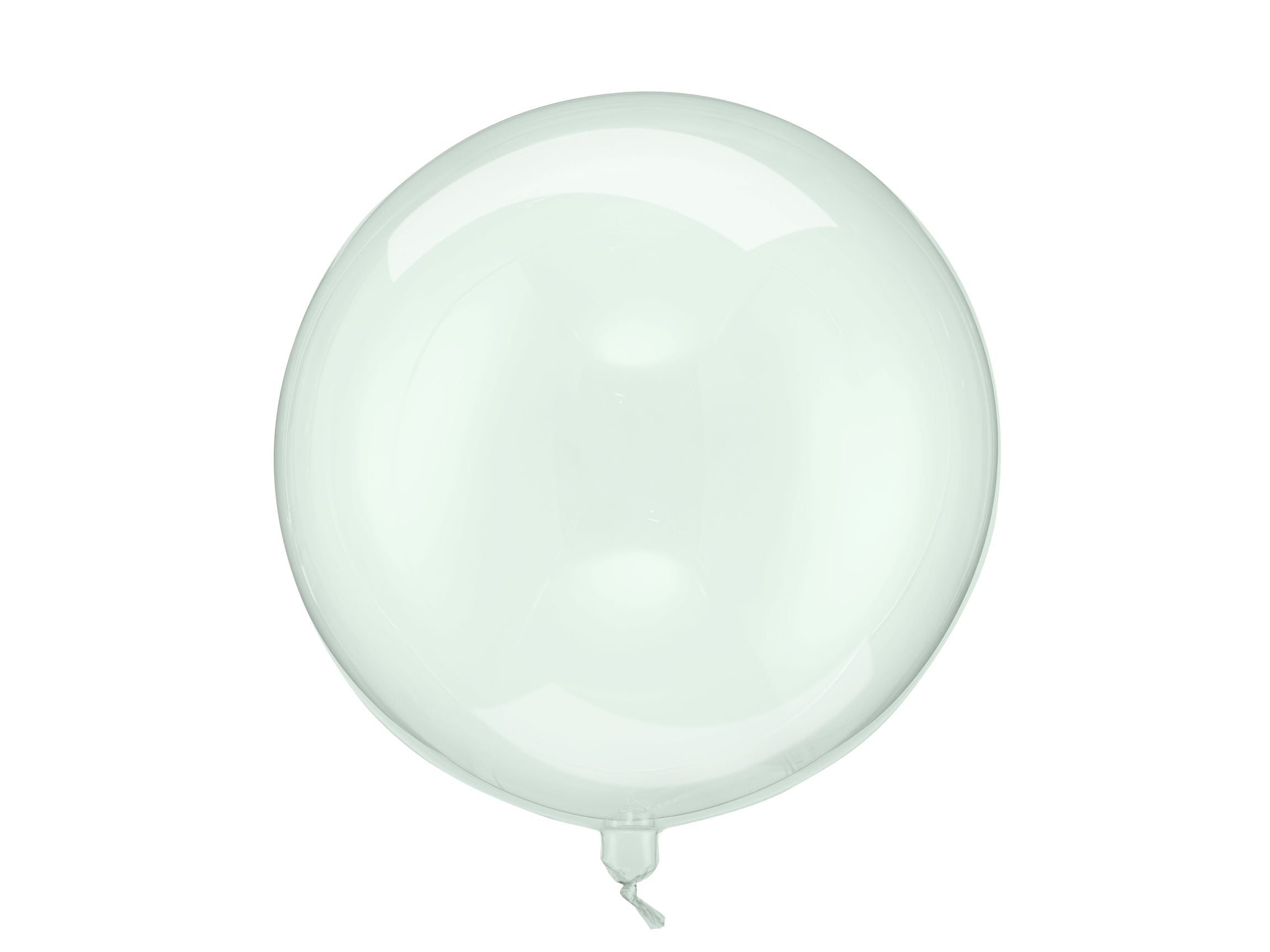 A single, perfectly round, transparent light green sphere balloon with a subtle sheen, isolated on a white background.