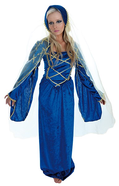 A full-length front view of a blonde model wearing a historical blue Renaissance gown with long flared sleeves and a matching padded French hood headpiece with a flowing sheer veil.