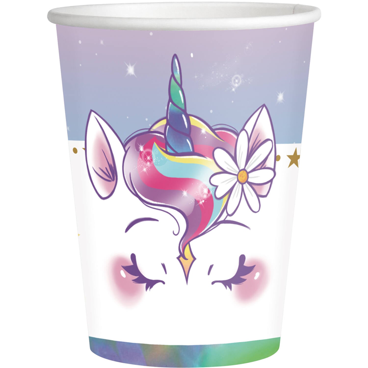 A disposable paper party cup from the Unicorn Dreams collection, featuring a printed illustration of a sleeping unicorn face with a rainbow mane, a colorful horn, and a white daisy, set against a pastel purple starry sky background.