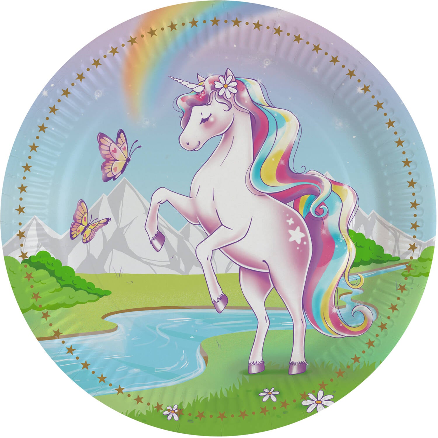A round 23cm paper party plate from the Unicorn Dreams collection, featuring a vibrant illustration of a white unicorn with a rainbow mane rearing up by a river, surrounded by mountains, butterflies, and a rainbow, all framed by a starry gold border.