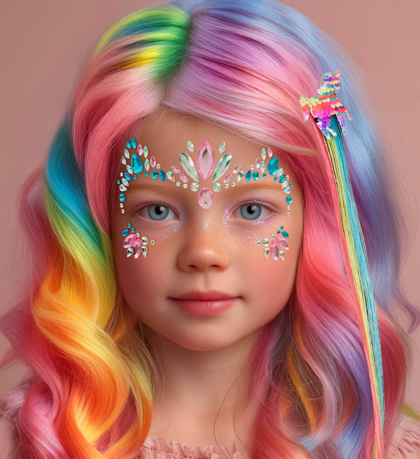 A young girl with rainbow hair wearing iridescent pink and teal unicorn face jewels and matching cheek gems.