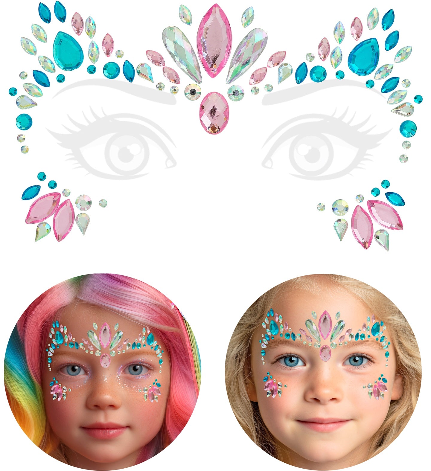 The full layout of the self-adhesive unicorn face jewel kit including the forehead crown and cheek pieces.