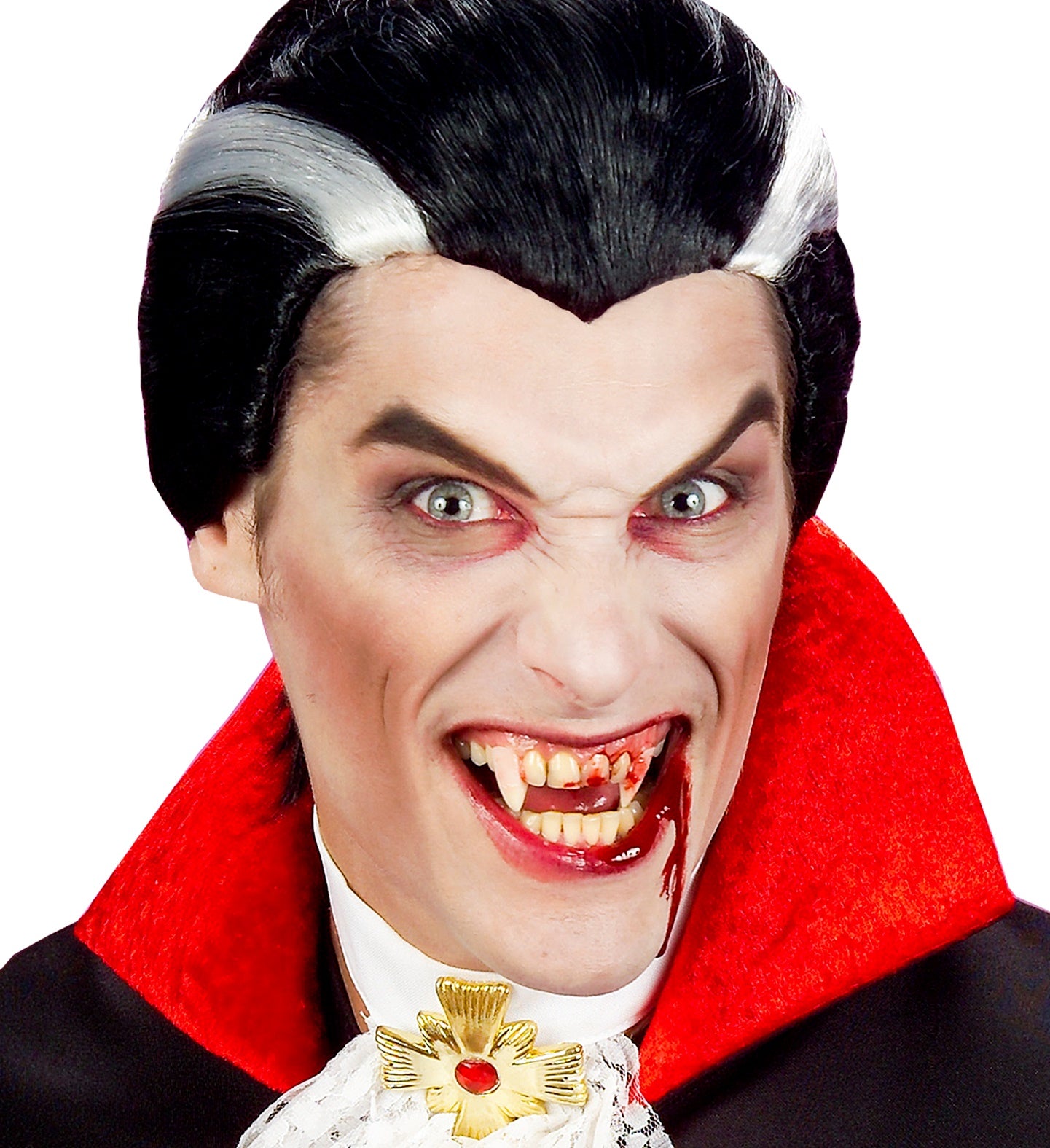 A man in a classic Dracula costume with a white and grey wig, showing off a set of monstrous, decayed vampire fangs with fake blood.
