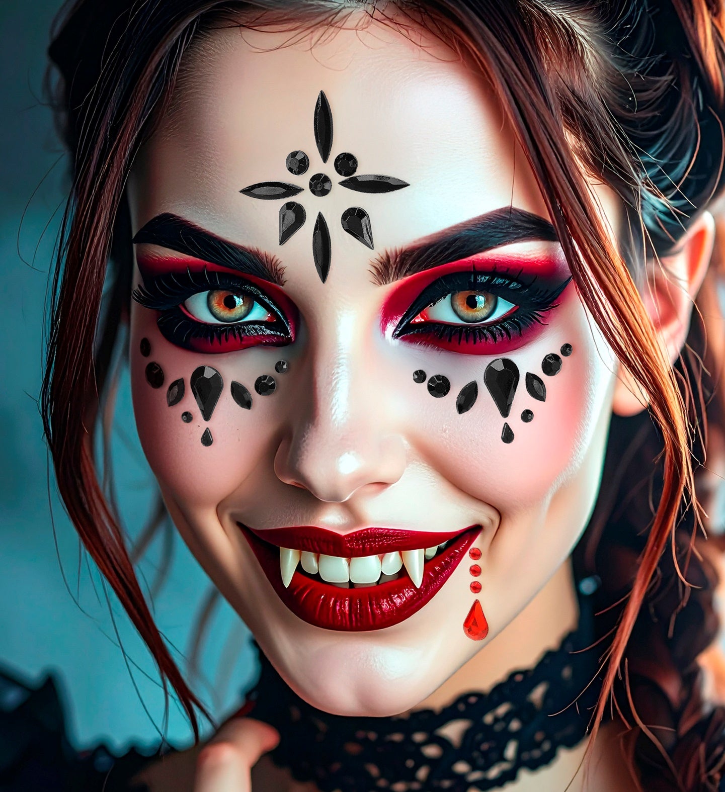 A woman wearing dramatic vampire makeup, fangs, and intricate black face jewels with a red blood drop gem.