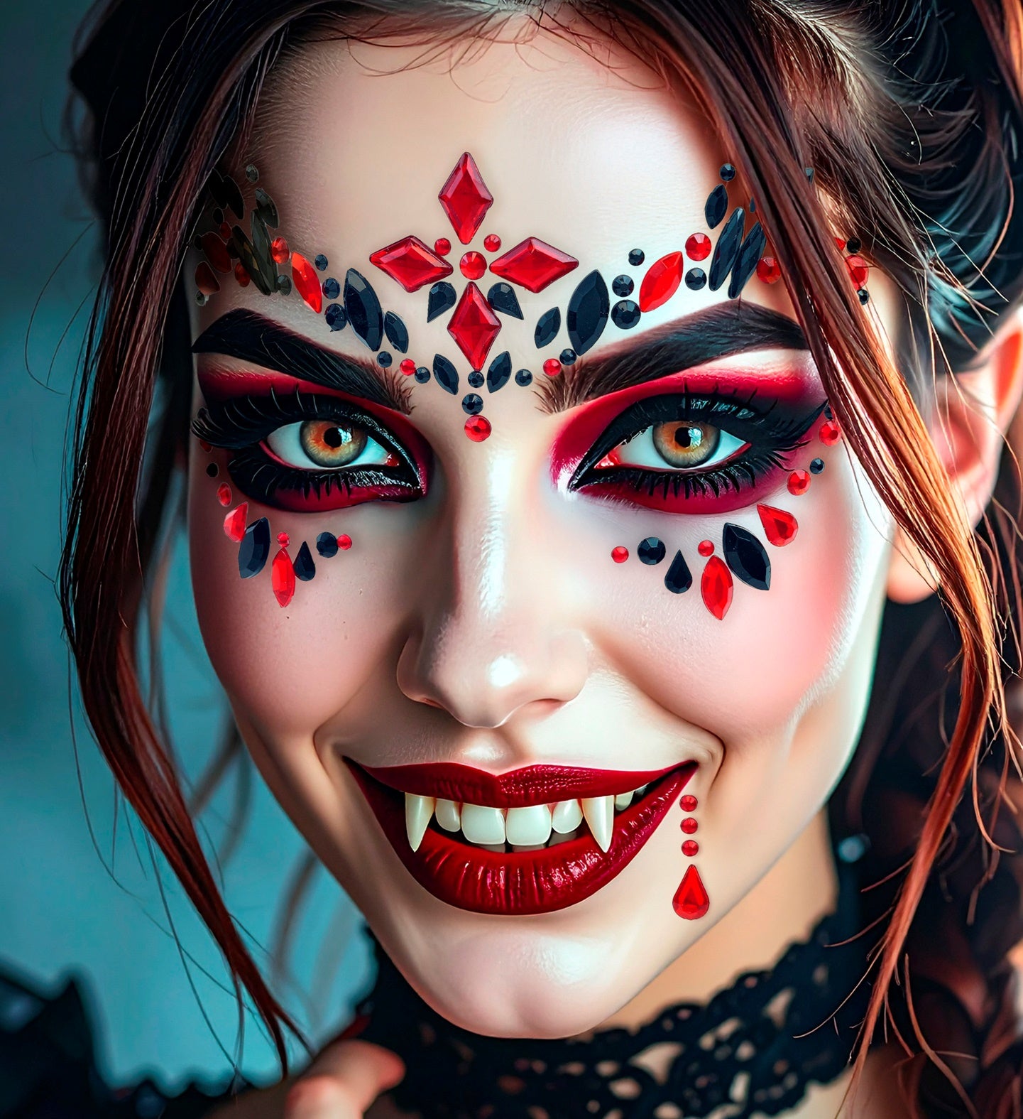 A person wearing dramatic red and black vampire makeup, fangs, and ruby red and black face jewels with a signature blood drop gem.