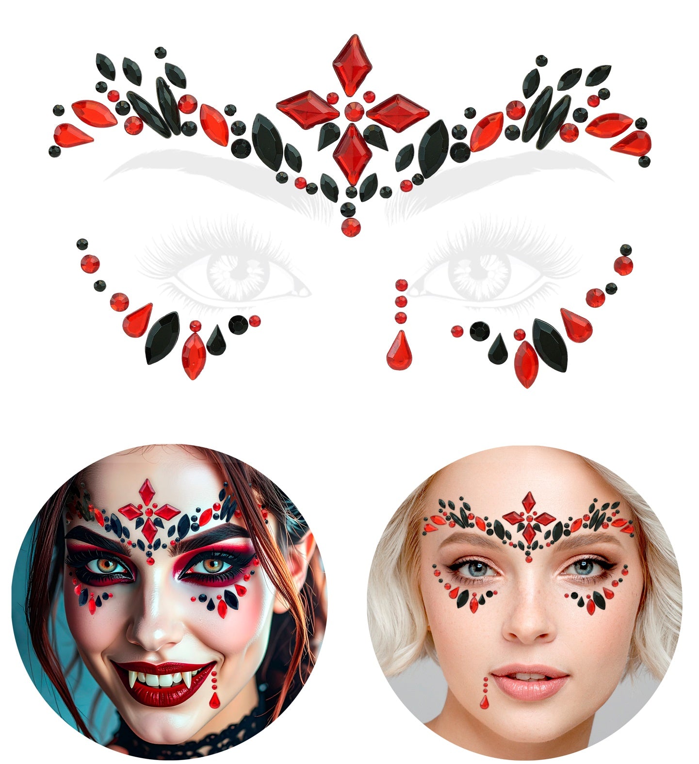 The complete Red & Black Vampiress Face Jewels self-adhesive set showing the crown layout and accent pieces in original packaging.