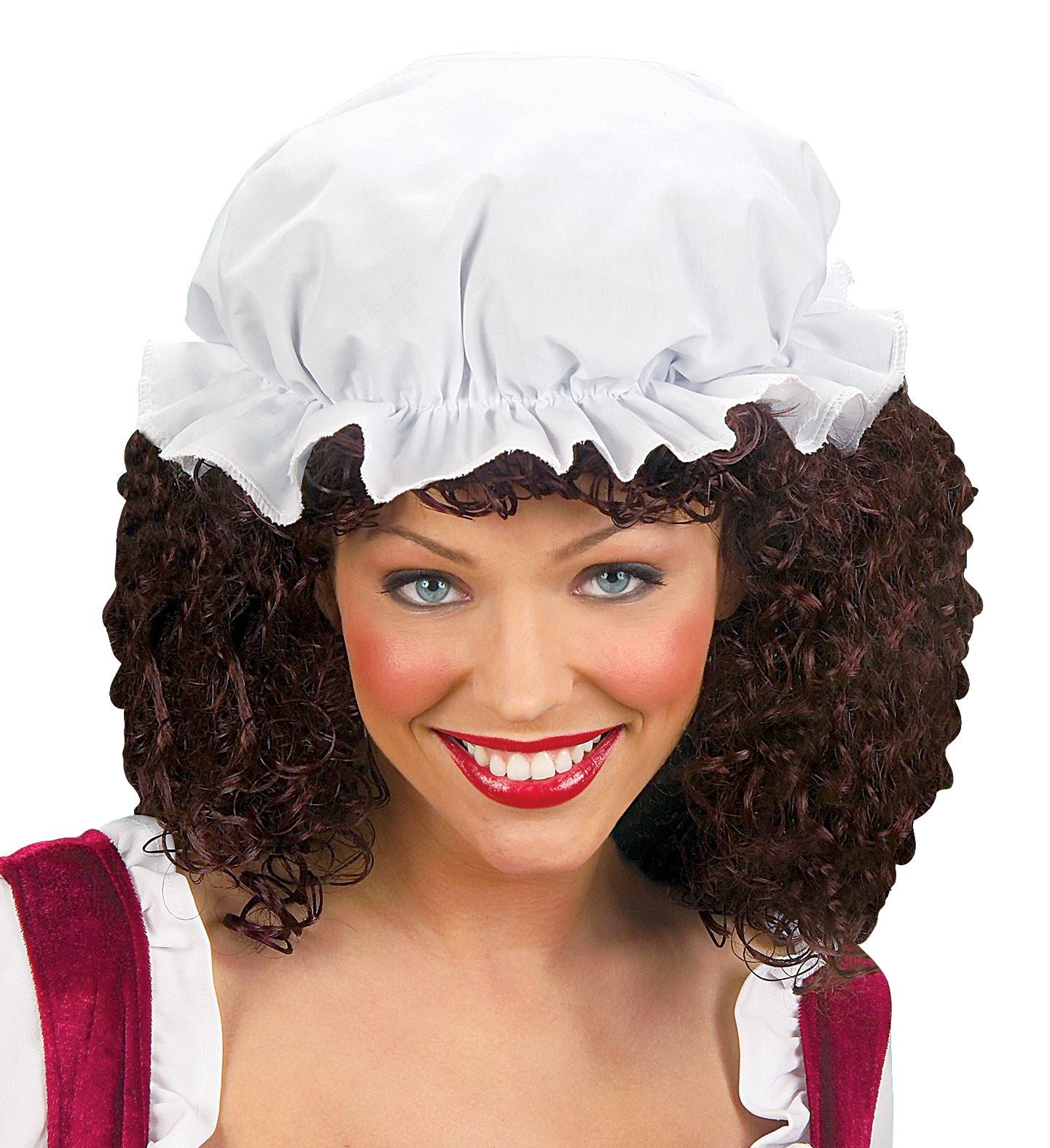 A smiling woman wearing a white Victorian bonnet over dark curly hair, perfect for a period-style maid or tavern girl costume.