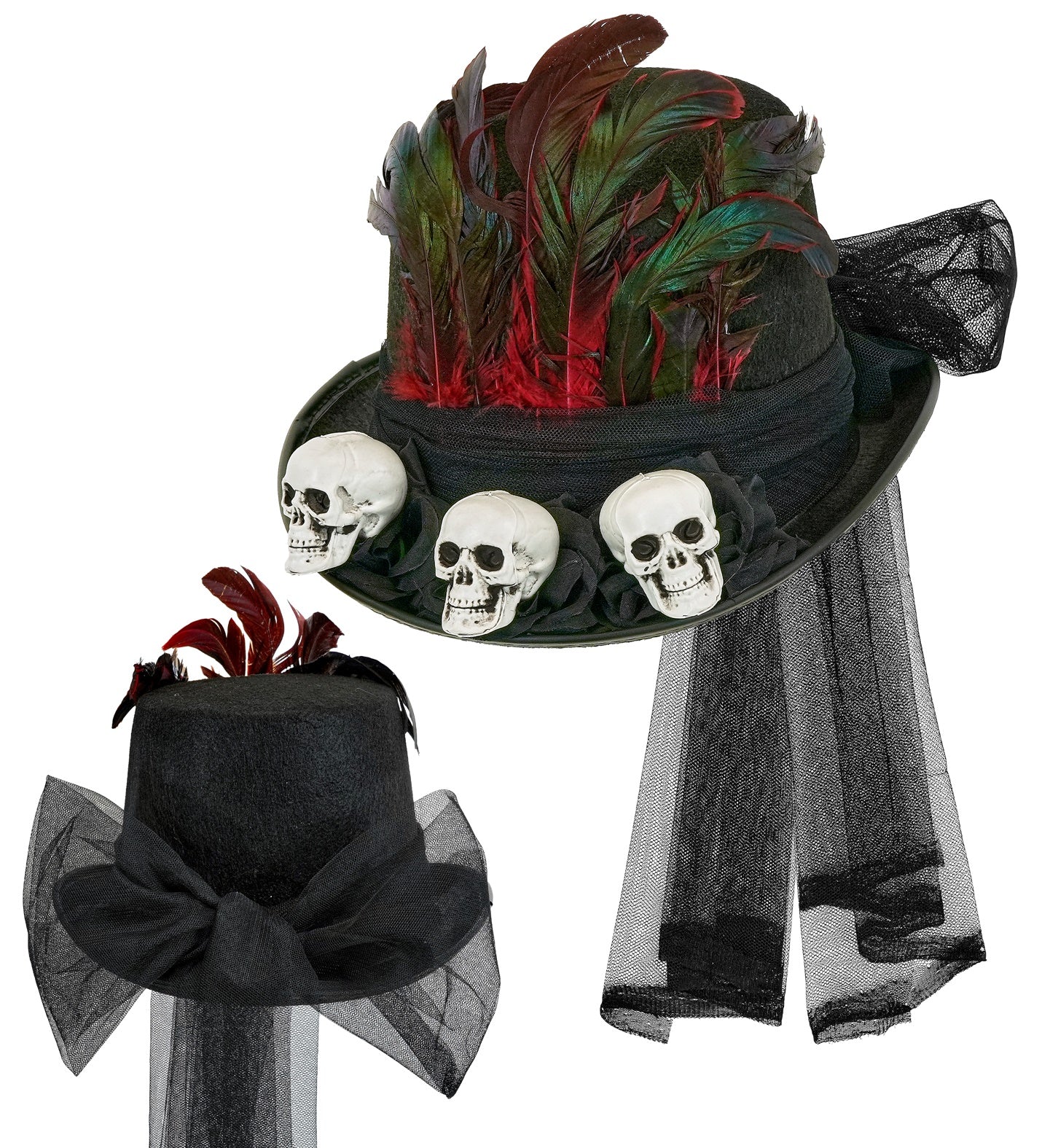 Front and back views of a black voodoo top hat decorated with three white skulls, a large plume of dark feathers, and a black net veil.