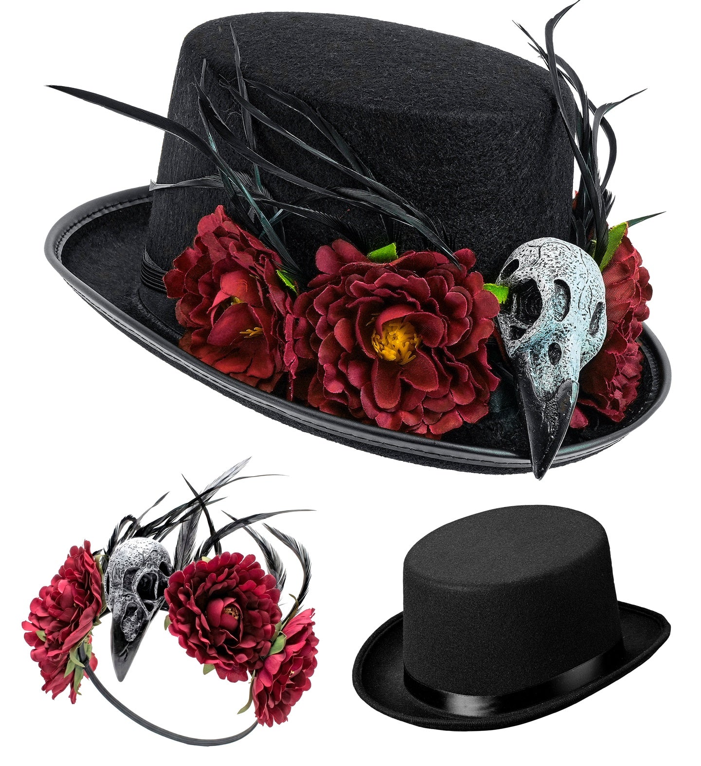 Voodoo Top Hat with Vulture Skull & Flowers