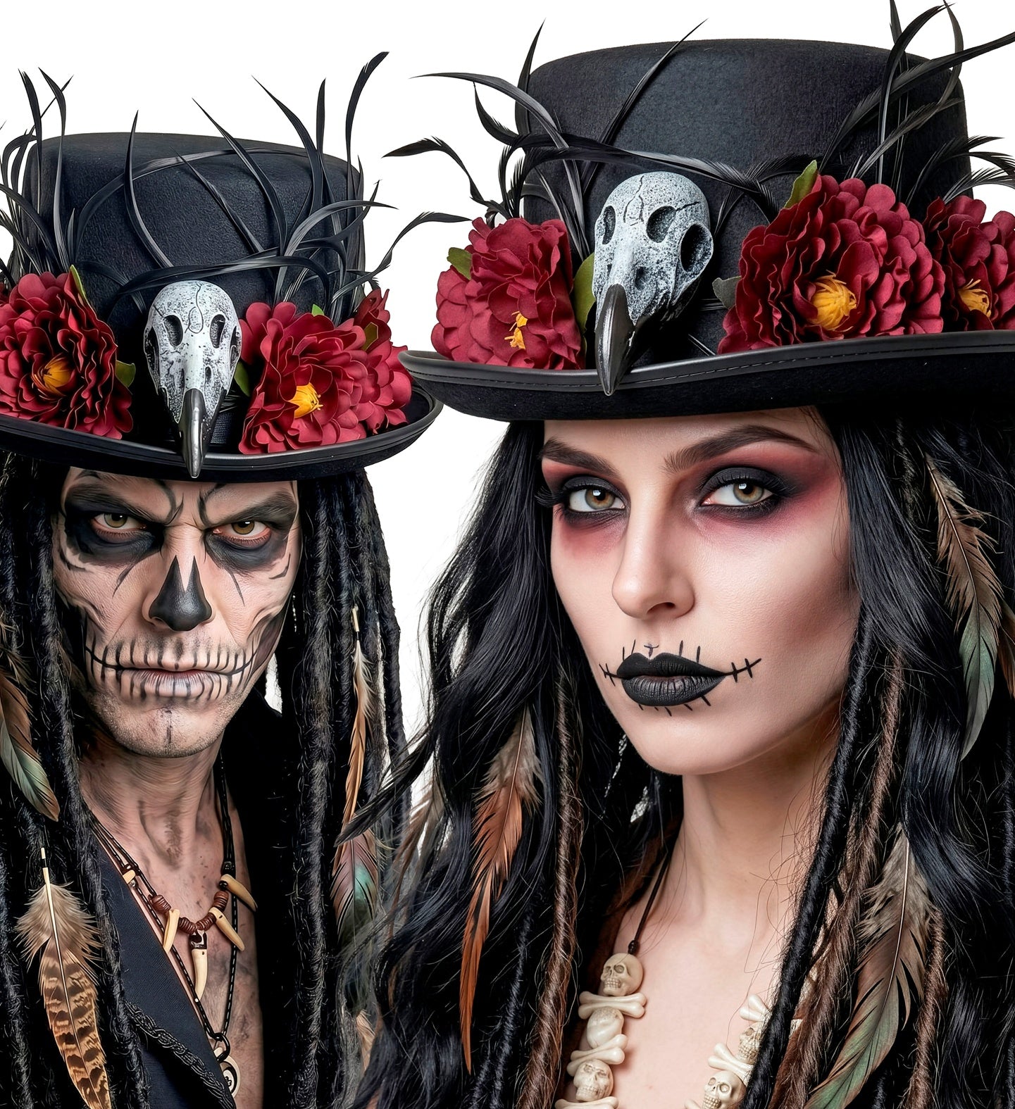 Voodoo Top Hat with Vulture Skull & Flowers