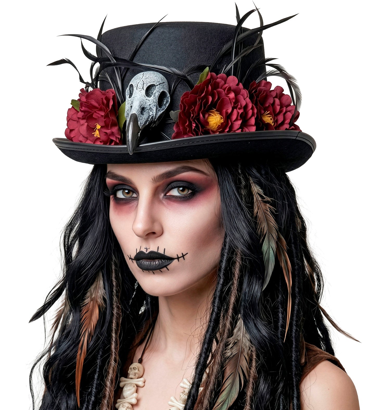 Voodoo Top Hat with Vulture Skull & Flowers