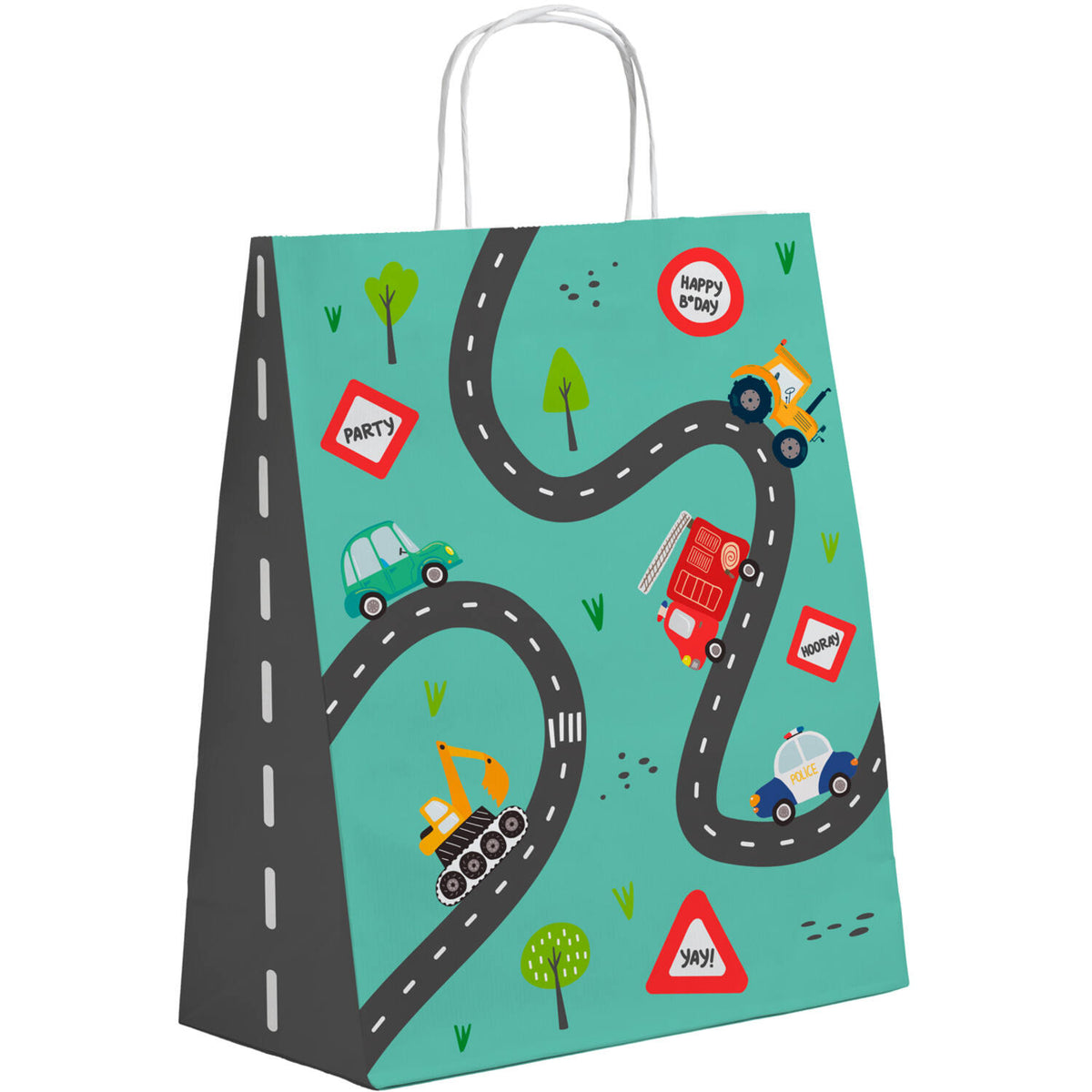The reverse side of the Wacky Wheels paper gift bag, featuring a vibrant yellow background with the same fun winding road, vehicles, and festive traffic signs.