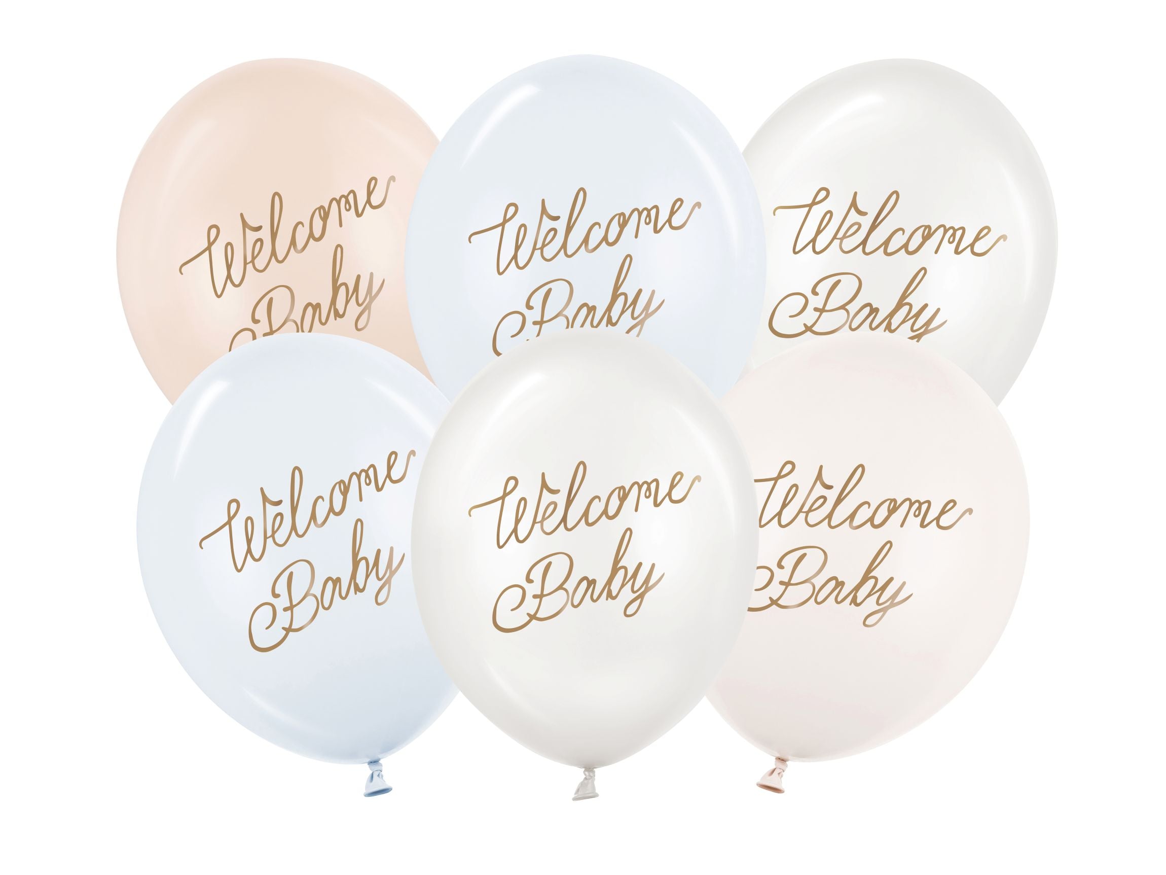 Six Welcome Baby balloons in pastel blue, nude, and white with gold double-sided script.