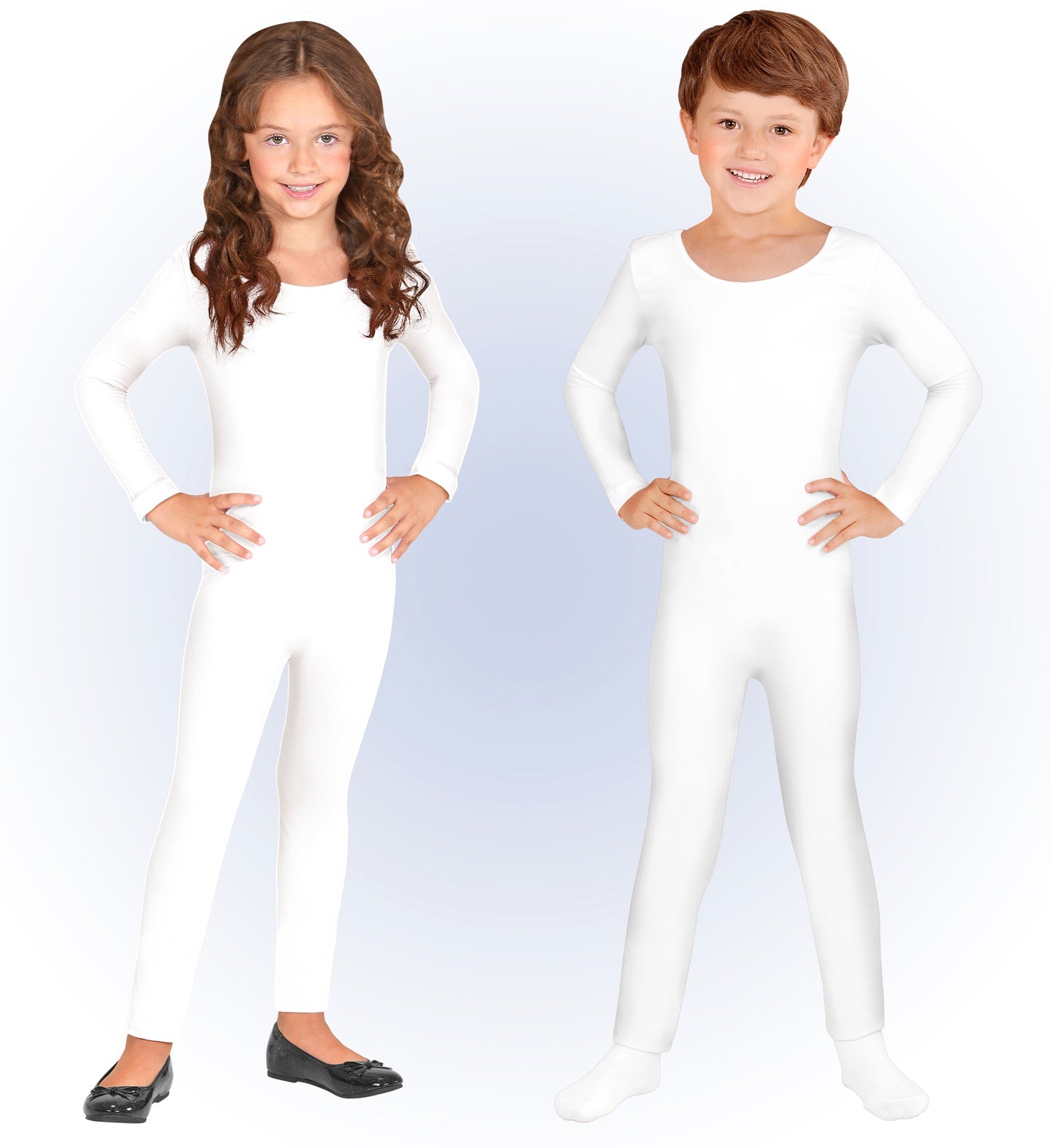 Two children, a girl and a boy, standing side-by-side with hands on their hips, both wearing matching unisex children's white full-body bodysuits.