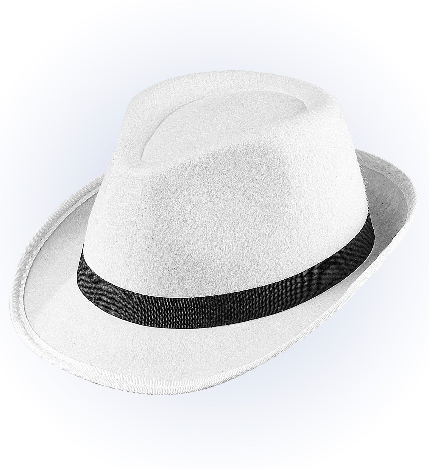 A classic white fedora-style gangster hat with a contrasting black ribbon band, pictured against a plain background.