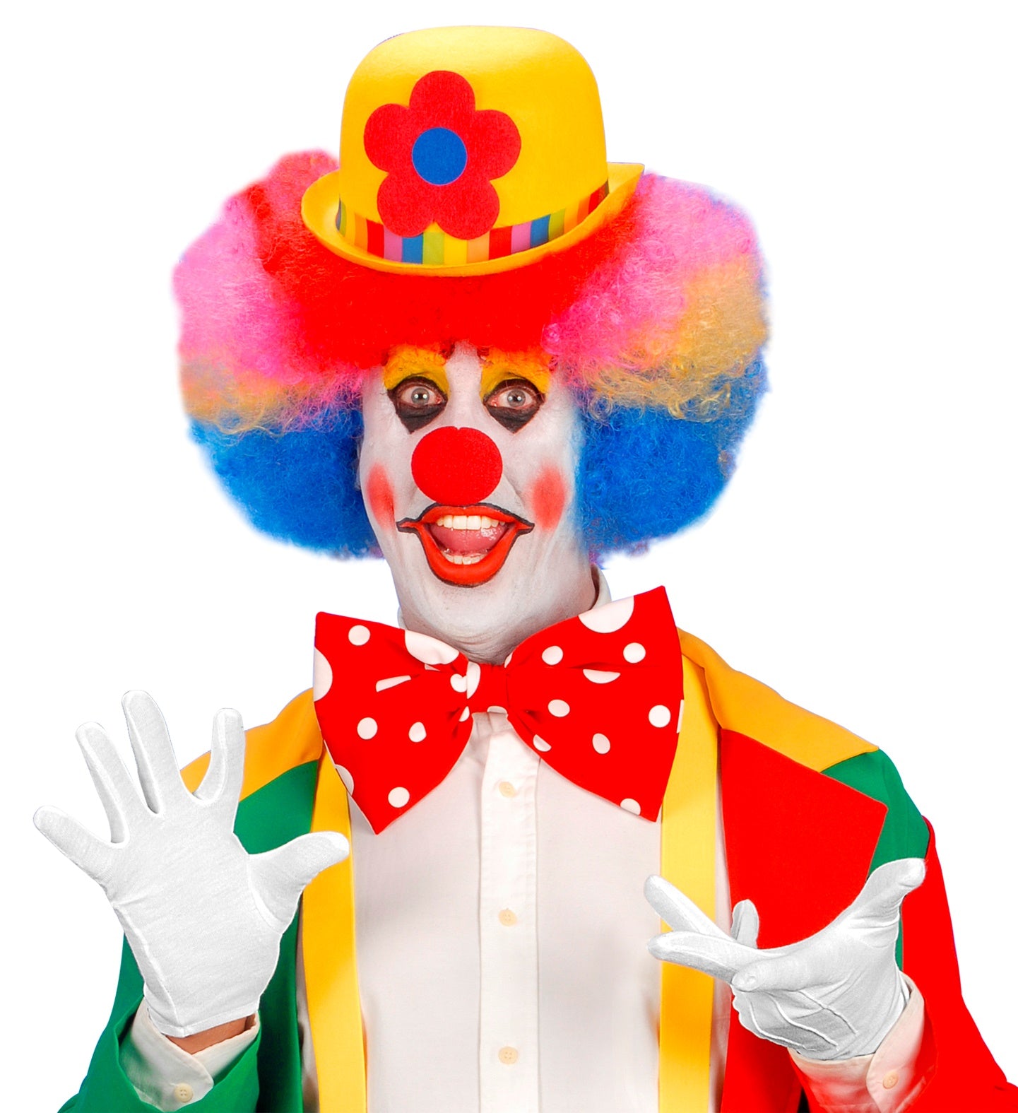 A person in a full clown costume with a colourful wig and bow tie, wearing the white XL adult gloves.
