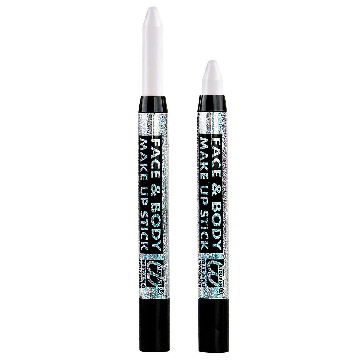 Close-up of white makeup pencil stick barrel showing product branding and sizing detail