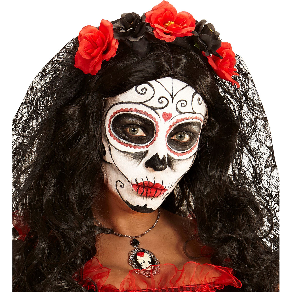 Day of the Dead skull face makeup look created with white face and body makeup pencil, featuring red and black accents with flowers and veil