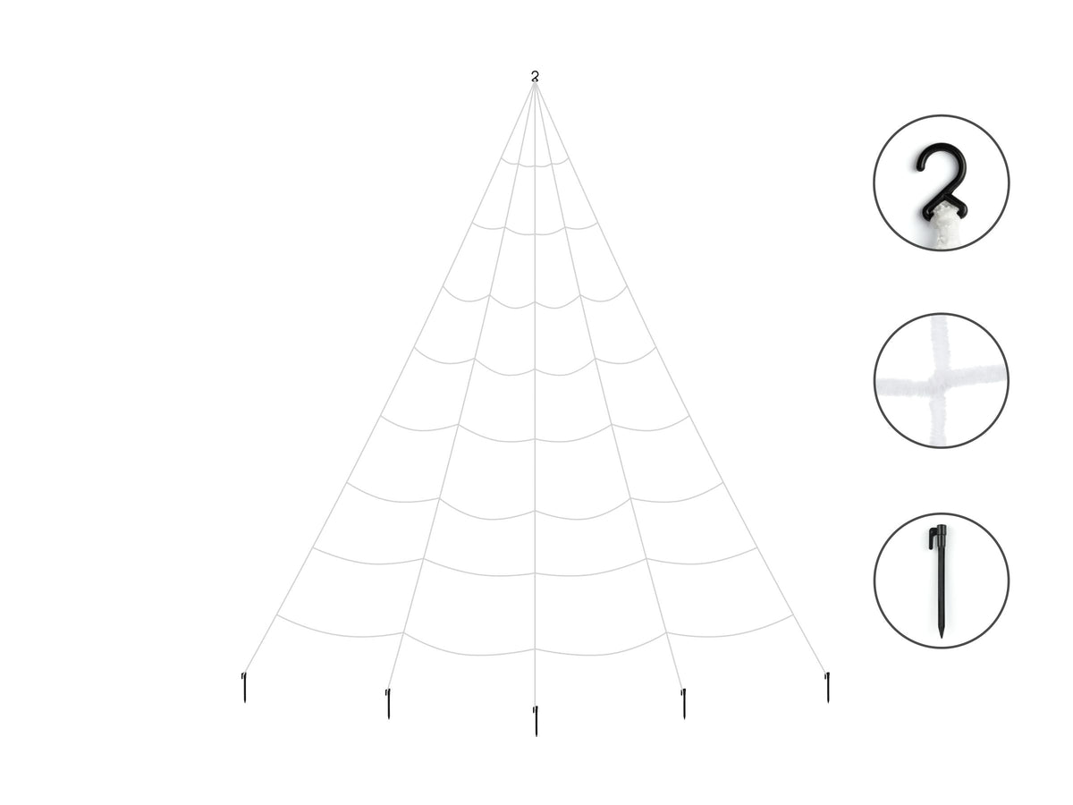 White spider web decoration product showing hook and 2 ground pegs included, plus assembled web diagram