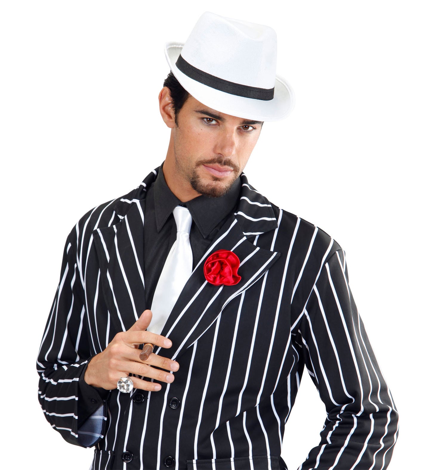 A stylish man in a 1920s gangster costume featuring a black and white pinstripe suit, holding a cigar, and wearing a crisp white fedora with a black band.
