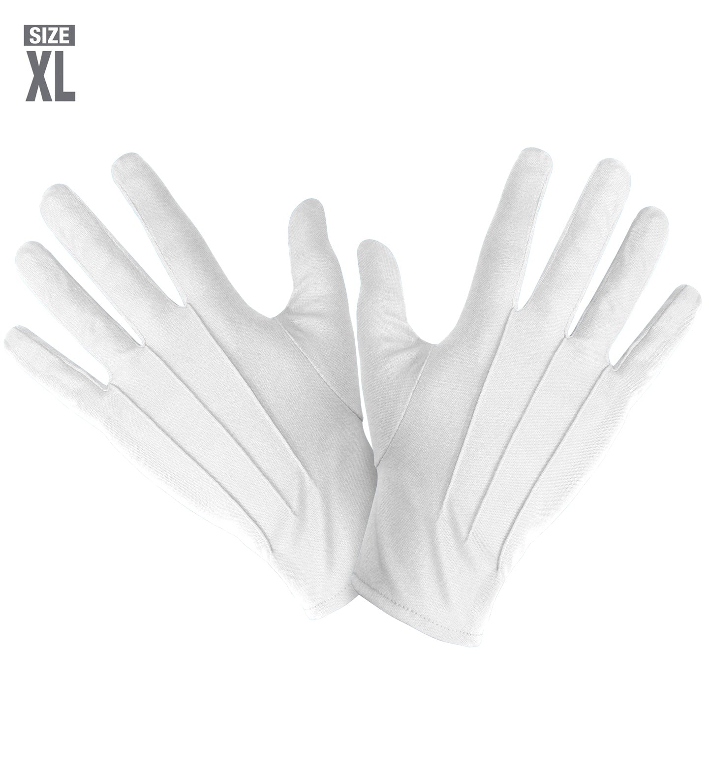 A pair of classic white costume gloves in size XL, with stitched detailing on the back of the hand.