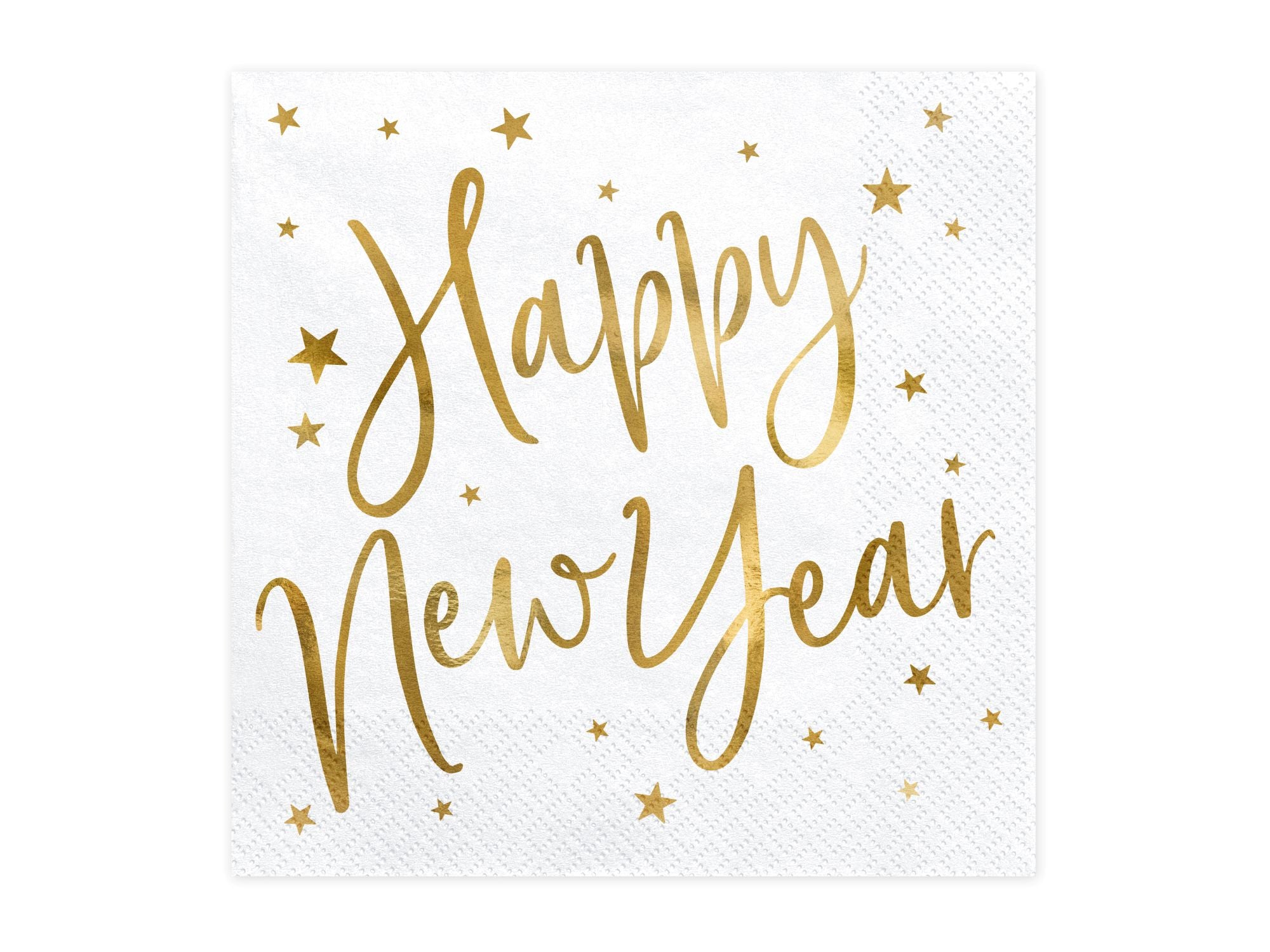 Single white and gold Happy New Year napkin partially unfolded on a white background.