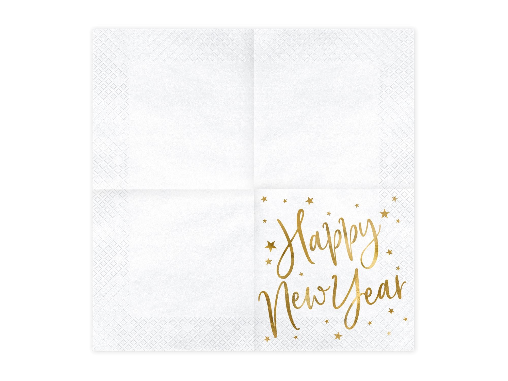 New Year's Eve table setting with white gold napkins, gold hexagonal plates, and gold cutlery.