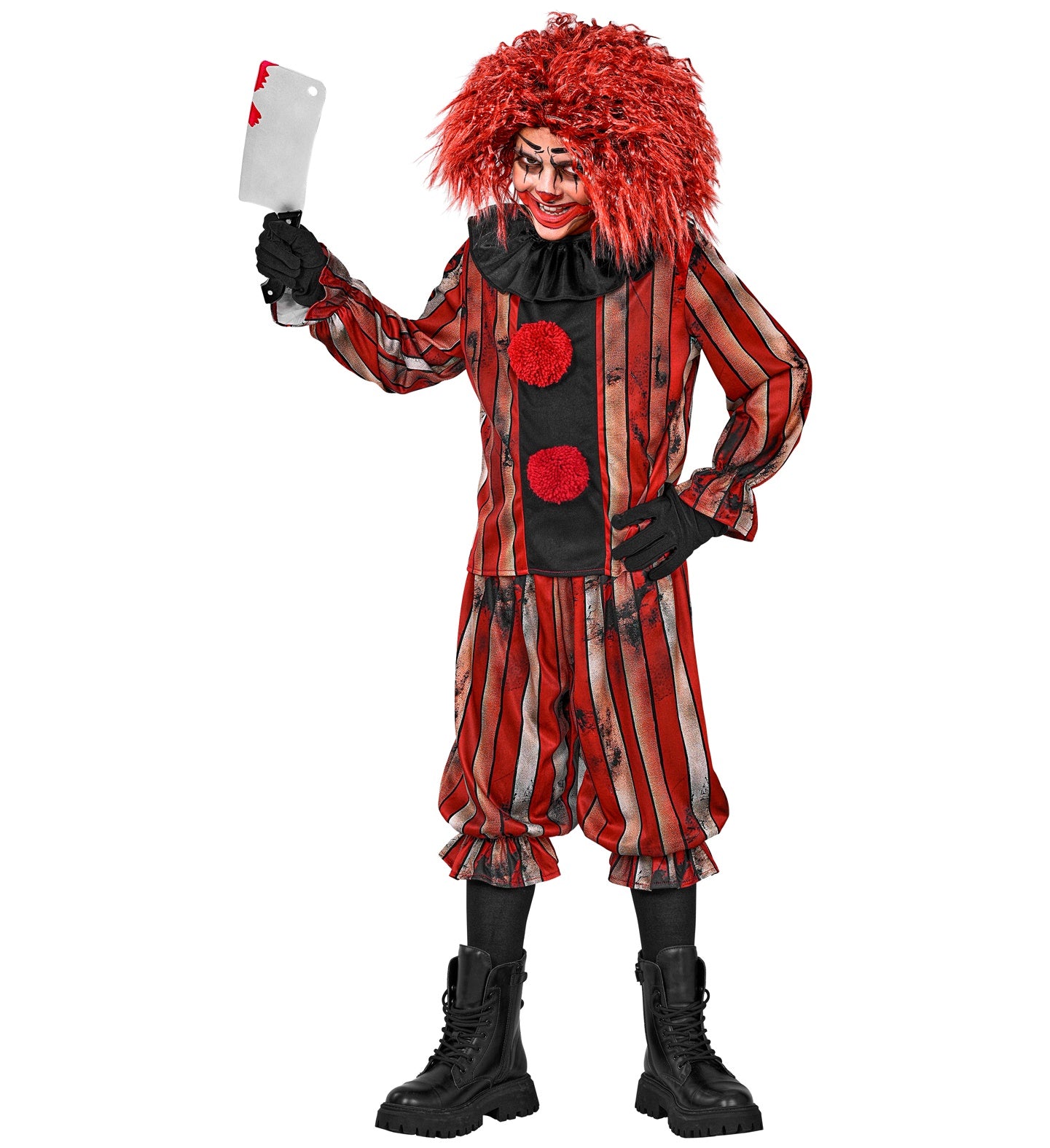 A child dressed in a creepy circus clown fancy dress costume looking menacingly at the camera while holding a fake bloody meat cleaver, wearing a red and silver striped suit with oversized red pom-poms.
