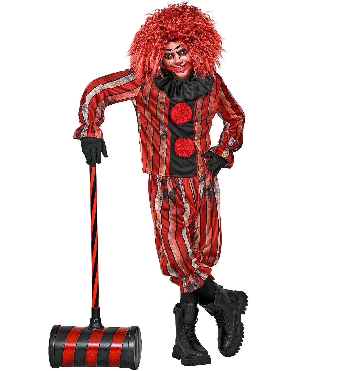 A child wearing a wicked clown fancy dress costume leaning on a giant black and red toy carnival hammer, featuring a distressed striped clown suit, a large black ruff collar, and black combat boots.