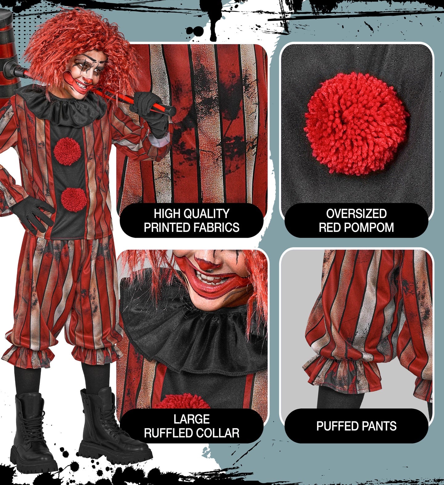 A multi-panel collage highlighting the details of a kids' wicked clown costume, showing close-ups of the high-quality printed distressed striped fabric, the oversized red pom-pom, the large black ruffled neck collar, and the puffed pants with ruffled hems.