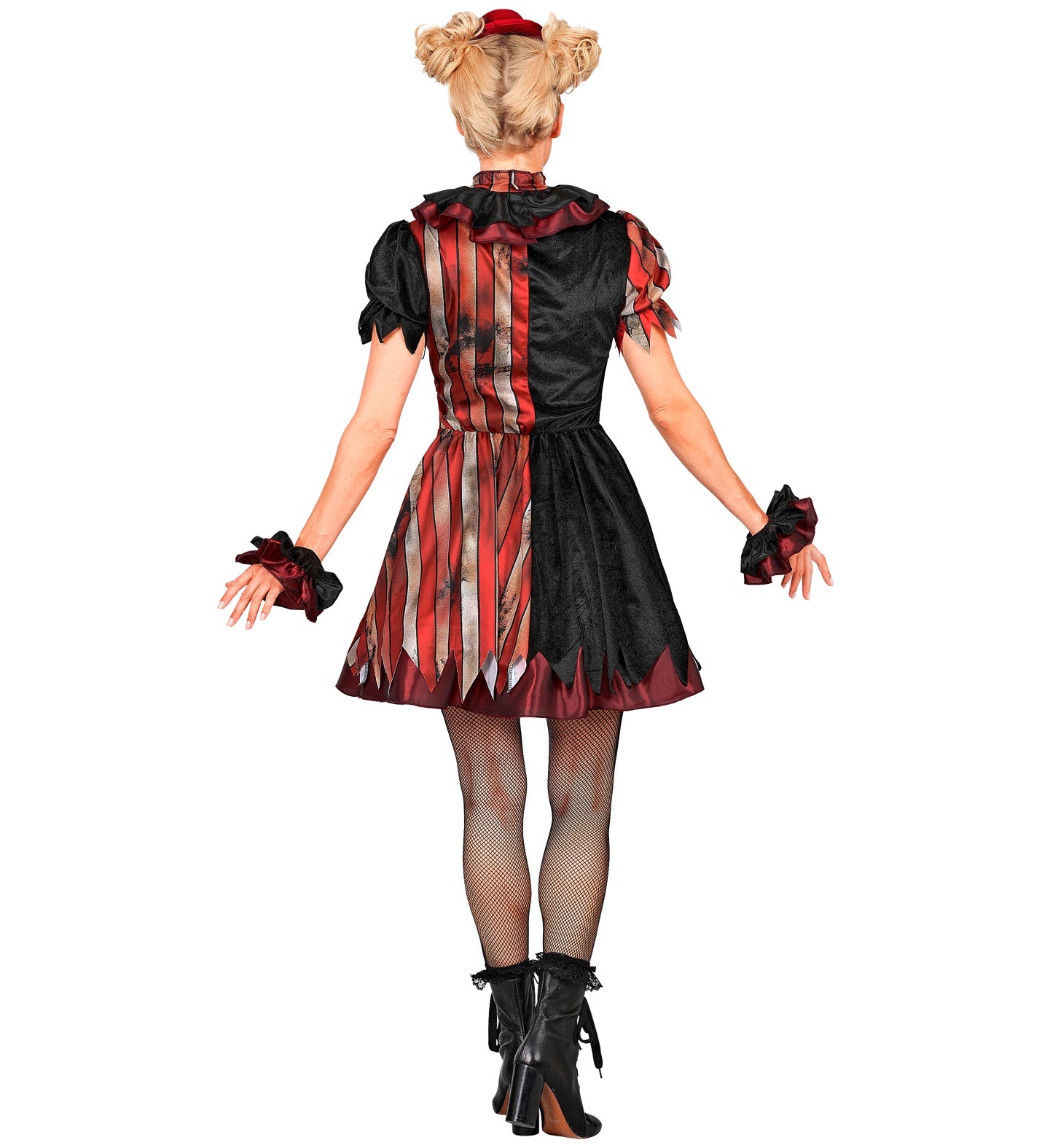 The back view of a woman wearing a wicked clown fancy dress costume, showing the split red and black design on the back of the dress, the ruffled neck collar, puff sleeves, and a red mini bowler hat on her blonde space-buns.
