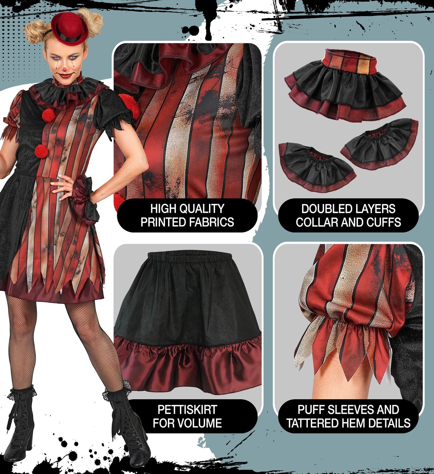 A multi-panel collage highlighting the details of a women's wicked clown costume, showing close-ups of the printed striped fabric, the double-layered collar and cuffs, the black pettiskirt with red trim, and the puff sleeves with tattered hem details.