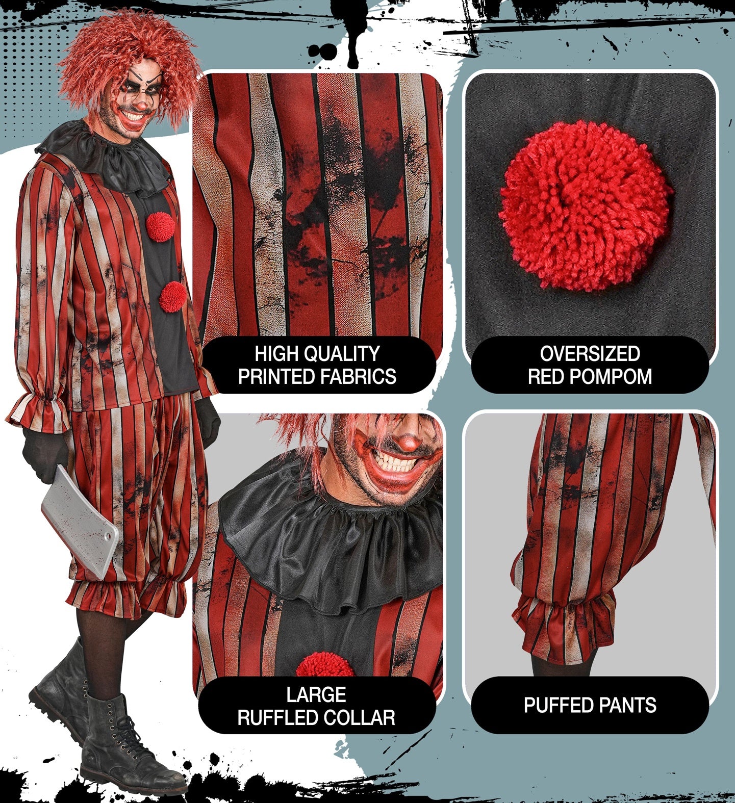 A multi-panel collage highlighting the details of a men's wicked clown costume, showing close-ups of the high-quality printed distressed striped fabric, the oversized red pom-pom, the large black ruffled neck collar, and the puffed pants with ruffled hems.