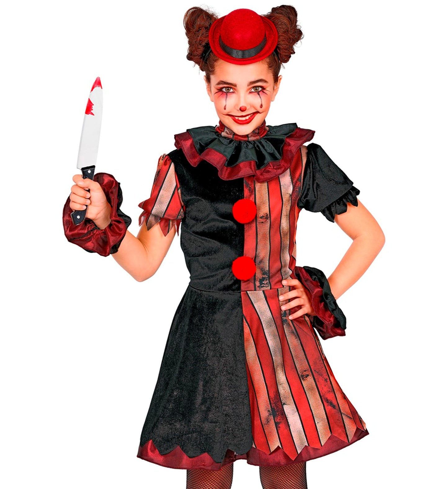 A young girl dressed in a creepy circus clown fancy dress costume, holding a fake bloody knife, wearing a split red and black distressed dress with red pom-poms, ruffled cuffs, a neck ruff, and a mini red hat.
