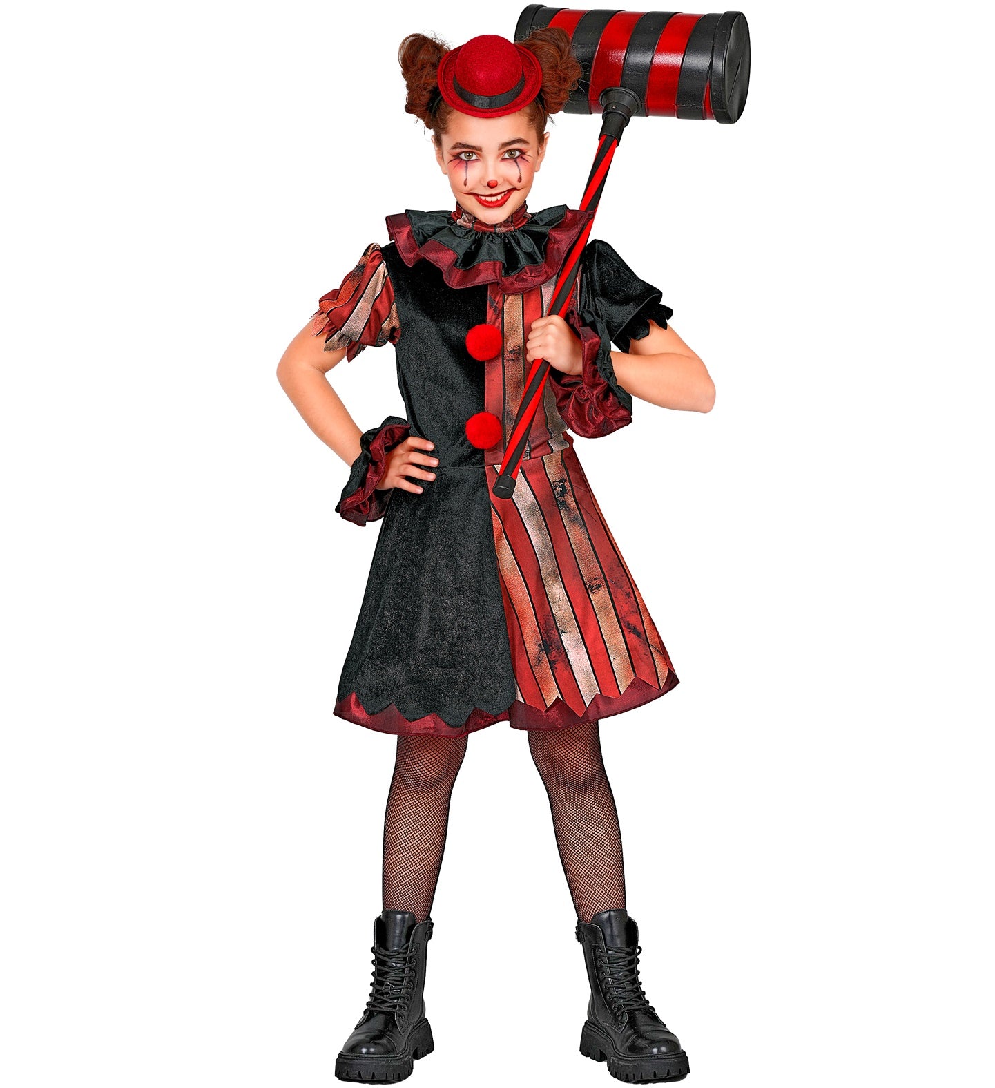 A child posing playfully as a creepy circus clown, holding a giant toy carnival hammer, wearing a vintage-style red and black striped dress, black fishnet tights, black boots, a ruffled neck collar, and a tiny red hat.