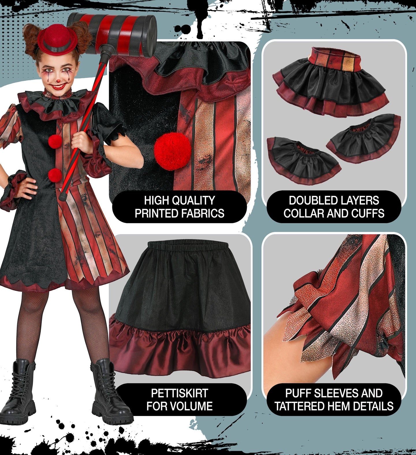 A product layout showing a child wearing a wicked clown costume alongside isolated views of the included accessories: the mini red bowler hat on a headband, a double-layered ruffled neck collar, two wrist cuffs, and a black pettiskirt with red ruffled trim.