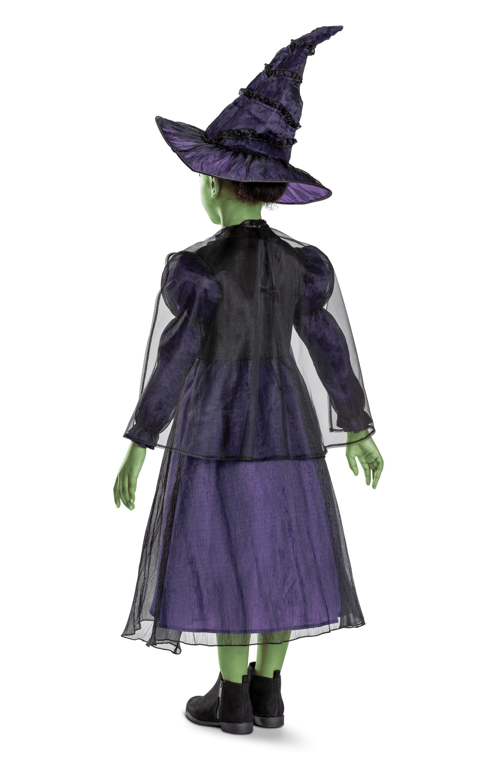 The back view of the child's Elphaba costume, showing the sheer organza overlay on the dress and the detail of the pointy witch hat.