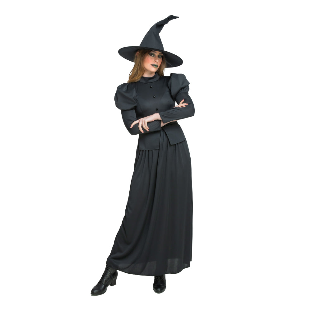 A woman wearing a black Wicked Witch dress and hat, posing with her arms crossed.